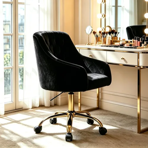 MOJAY Silla Giratoria de Oficina de Terciopelo, Silla de Escritorio de Tela Elegante y Elegante con Detalles Dorados para Niñas, Silla de Recepción