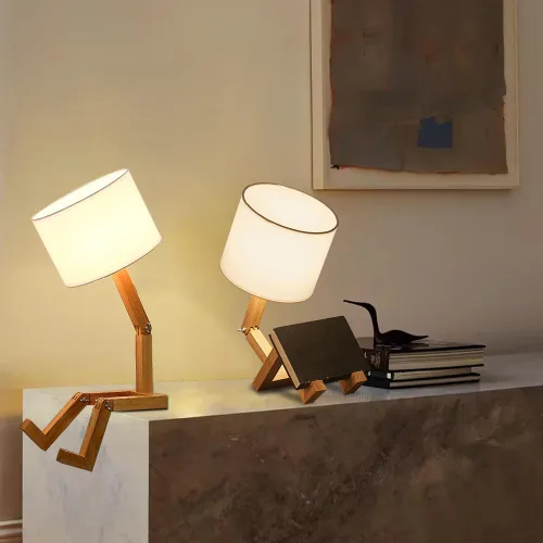 Miniatura 3 de Juego de 2 lámparas de escritorio robot, lindo y divertido robot de madera DIY lámpara de mesita de noche, forma ajustable para dormitorio, estudio