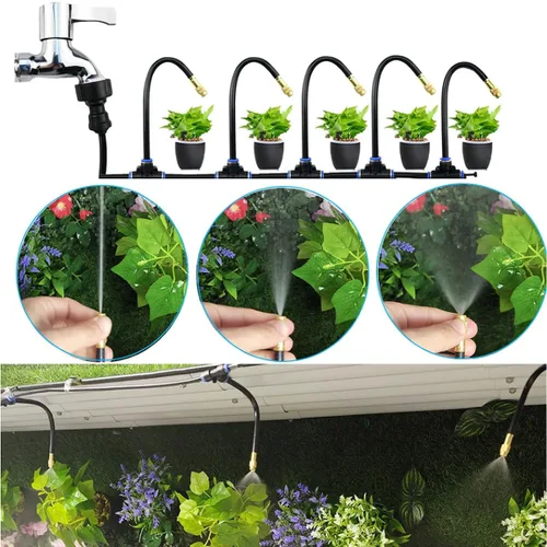 Miniatura 3 de Sistema de riego automático de refrigeración por niebla, sistema de nebulización de 33 pies y 10 boquillas de nebulización de latón, kit de rociador