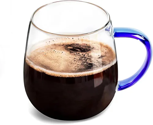 Taza de Vidrio Transparente con Asa, Asa Azul/16 oz, taza de vidrio de borosilicato alto para grandes tazas de café de vidrio con asas, tazas de