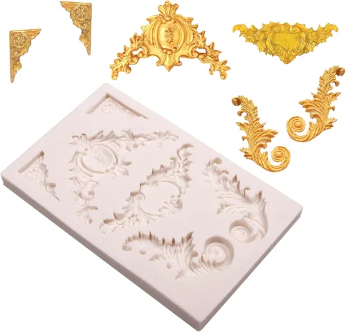 Miniatura 7 de Moldes barrocos de silicona para alivio de chocolate, molde de pergamino de plumas de borde para decoración de pasteles de boda, adornos de Molde
