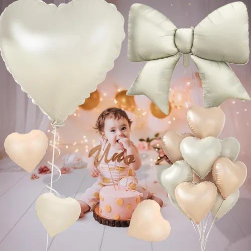 Miniatura 3 de Globos de Corazón Beige Neutro de 30", Globos de Papel de Aluminio con Lazo Grande, 10 Piezas de Globos Gigantes de Lazo Crema de 38" con Juego