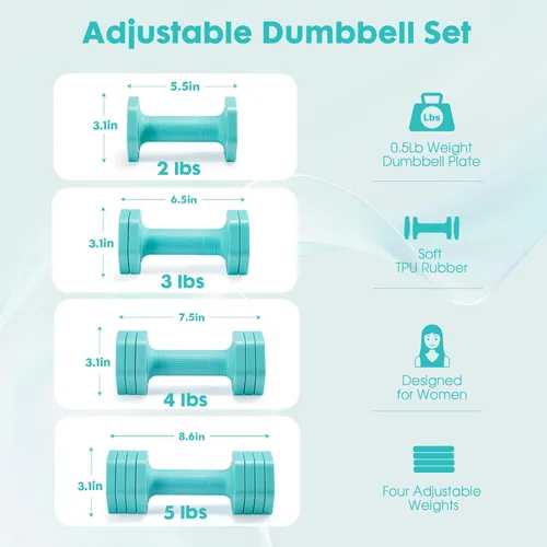 Miniatura 4 de EQUIPRO Adjustable Dumbbell Set, 4 in 1 Free Weights Dumbbells Set for Women, Weights for Women at Home, 2lb 3lb 4lb 5lb with TPU Soft Rubber Handle