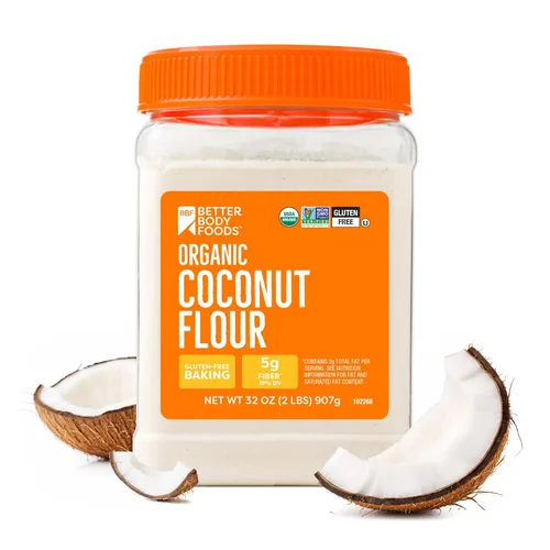 BetterBody Foods Tarro de harina de coco orgánica de 2.25 libras, alternativa de harina blanca sin gluten con un ligero sabor y aroma a coco, 23%