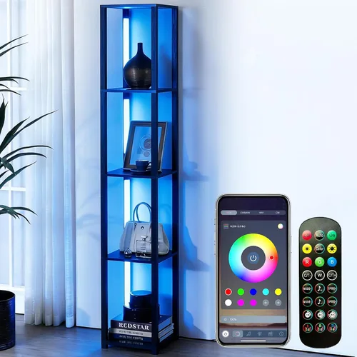 RGBCW - Lámpara de pie LED inteligente y moderna con sincronización de música, lámpara de estante de esquina que cambia de color, lámpara de pie