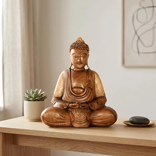 Miniatura 2 de G6 Collection Estatua de Buda de madera serena sentada hecha a mano, escultura meditante, figura de madera, acento decorativo, rústico, hecho a