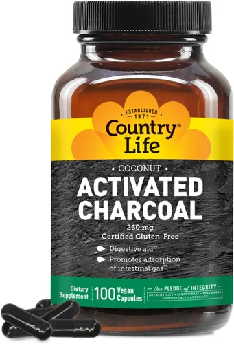 Miniatura 11 de Country Life Cápsulas de carbón activado de coco, 260 mg – Suplemento de carbón natural para aliviar los gases y la hinchazón – Sin gluten, 40