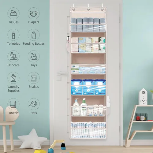 Miniatura 6 de Organizador de puerta con 6 bolsillos extra grandes, 12 bolsillos laterales, estante de almacenamiento resistente para armario, organizador de Beige