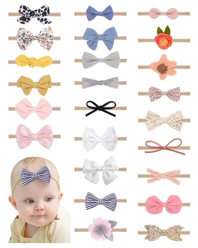 doboi - 24 diademas de flores y lazos para bebés, niñas, recién nacidos, niños pequeños, cintas elásticas de nailon suaves, accesorios para el