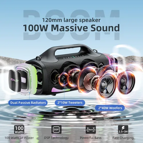 Miniatura 2 de ZEALOT Altavoz Bluetooth, altavoces de sonido en auge de 120 W, inalámbrico, doble emparejamiento, XBass, Bluetooth 5.3, 24000mAh, altavoz portátil