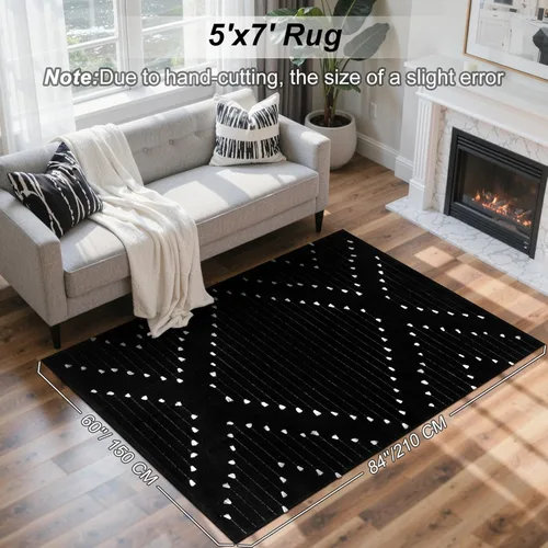 Miniatura 2 de LIVEBOX - Alfombra boho negra de 5 x 7 pies, grande y lavable para sala de estar, alfombra de algodón marroquí para dormitorio, interior y exterior