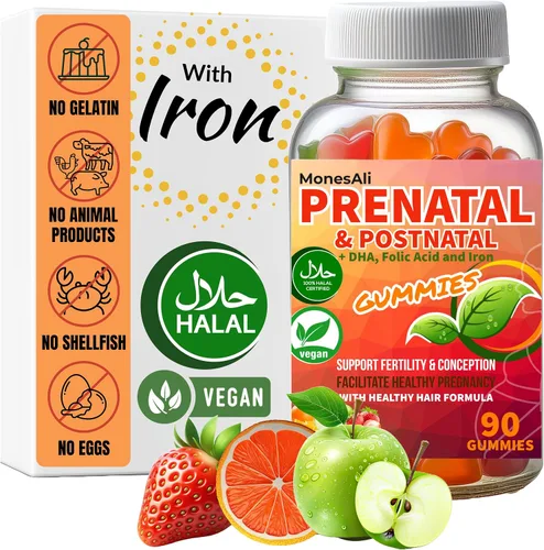 Gomitas prenatales para mujeres – Multivitamínico prenatal y posnatal vegano halal con folato, DHA, hierro y biotina – Apoya un embarazo saludable,