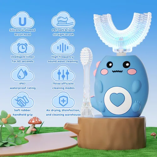 Miniatura 2 de Cepillo de dientes eléctrico en forma de U para niños, con 3 modos de limpieza, con 4 cabezales de cepillo, cepillo de dientes automático sónico