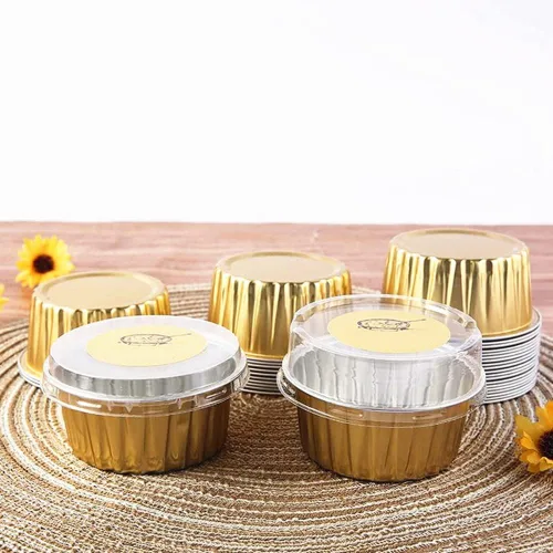 Miniatura 4 de Paquete de 100 tazas de papel de aluminio para hornear con tapas, tazas de postre de 5 onzas, moldes para magdalenas, moldes desechables para Oro