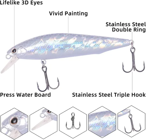 Miniatura 3 de Minnow Crankbait 2 Hook Jerkbaits Buceo Lento Bass Pesca Señuelo Duro Sets