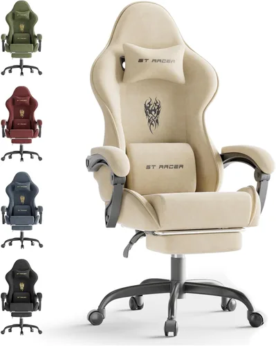 Huracan Silla de juegos de tela de terciopelo con reposapiés para adultos, sillas ergonómicas para juegos con base de masaje, silla reclinable para