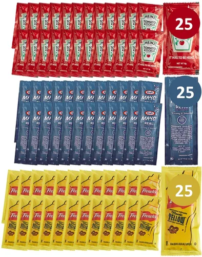 Set de regalo: 25 paquetes de ketchup, 25 paquetes de mostaza y 25 paquetes de mayonesa - 75 paquetes de condimentos en total con clip y esparcidor