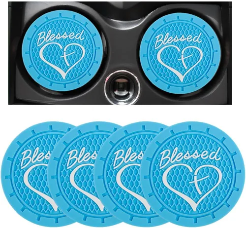 Miniatura 26 de Dickno 2 piezas posavasos para portavasos de automóvil, 2.76 pulgadas cruz bendita y corazón tapete de bebida cristiano, PVC suave antideslizante a