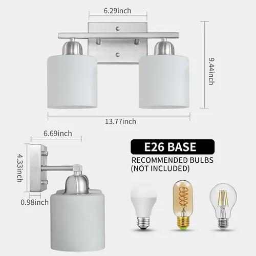 Miniatura 2 de Luz de baño de níquel cepillado, Luz de tocador de baño de 2 luces de níquel cepillado, Lámpara de tocador con pantallas de vidrio esmerilado blanco