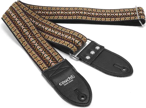 Correa de guitarra bohemia de tejido hippie de los años 70 con cinturón de seguridad reciclado, fabricado en Estados Unidos por Couch Guitar Straps