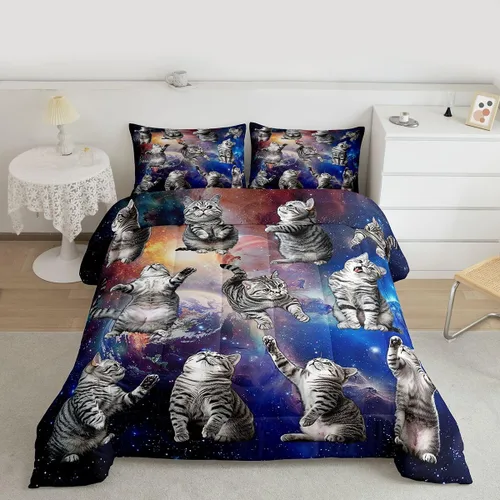 Miniatura 26 de Feelyou Juego de edredón para niños, diseño de gatos de dibujos animados, tamaño twin, lindo juego de ropa de cama de gatitos para adolescentes