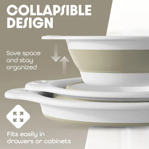 Miniatura 5 de Gevoli Coladores plegables (juego de 3) coladores de alimentos con base de drenaje de agua sobre el fregadero para pasta, frutas y verduras, Blanco