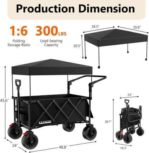 Miniatura 2 de Carro plegable 3 en 1 con capacidad de peso de 300 libras, carrito utilitario resistente de 150L con toldo extraíble, con ruedas grandes de playa