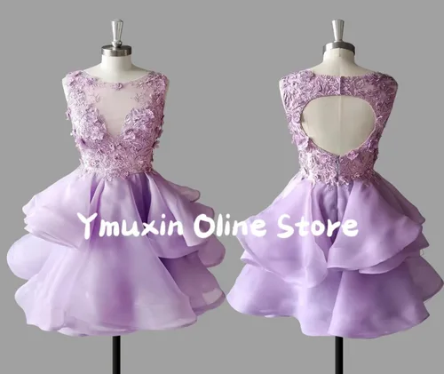 Miniatura 5 de Vestido corto de tul con apliques de encaje para adolescentes, cuello en V, vestido de cóctel acampanado