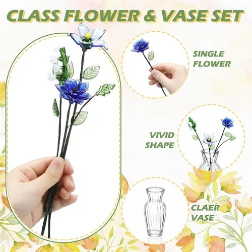 Miniatura 3 de HunnmingRe 5 piezas de flores de vidrio con jarrón, decoración de flores de mes de nacimiento de mayo, ramo de flores de cumpleaños de vidrio