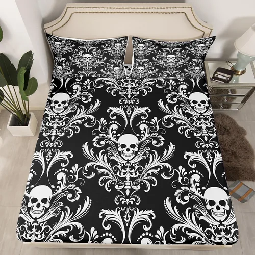 Miniatura 42 de Sábanas de cama góticas de damasco para adultos, sábana bajera ajustable victoriana antigua, sábanas góticas florales vintage, juego de ropa de cama
