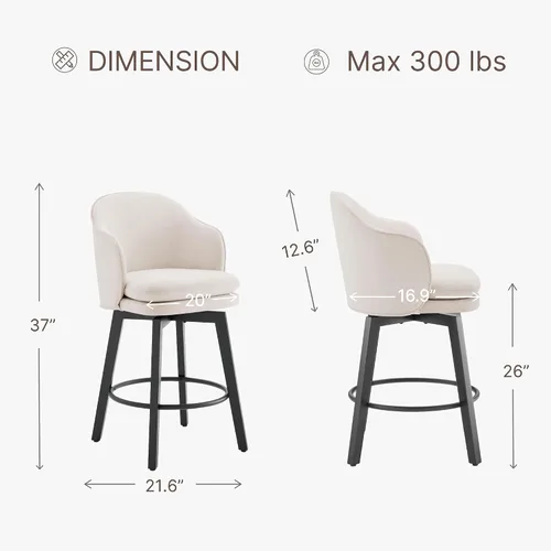 Miniatura 2 de Taburetes de Bar de Altura de Mostrador de 26 pulgadas Tapizados Giratorios con Respaldo y Patas de Madera para Isla de Cocina, Juego de 2, Tela