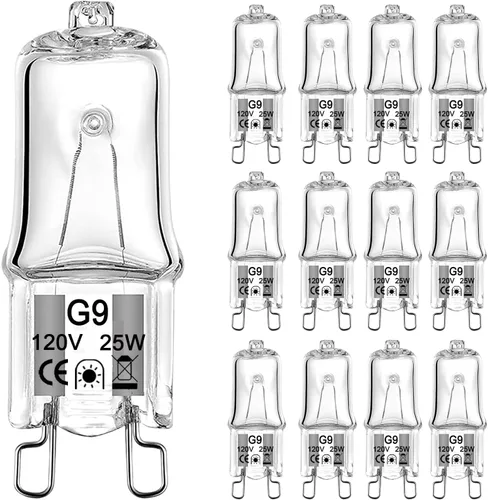 Bombilla G9 de 25 W, paquete de 12 bombillas halógenas G9, base de 2 pines, tipo T4 JCD de 120 V, bombilla pequeña de xenón para candelabros, luz de