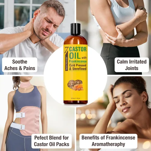Miniatura 5 de Seven Minerals Aceite de ricino prensado en frío con incienso, botella de 16 onzas líquidas, sin refinar y sin hexano, crecimiento del cabello