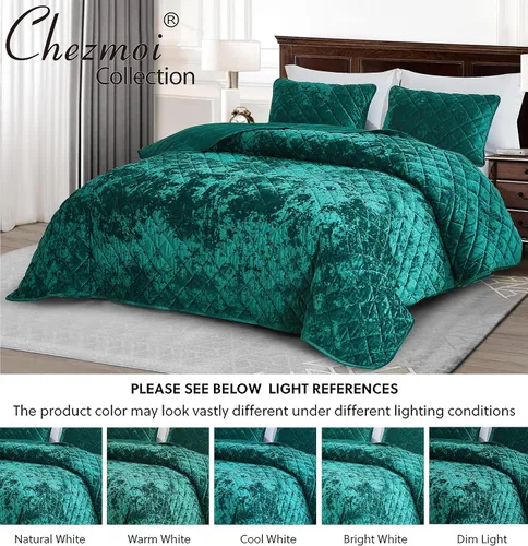 Miniatura 5 de Chezmoi Collection Lux - Juego de edredón de terciopelo verde esmeralda King, 3 piezas, ropa de cama de terciopelo desgastado de felpa exuberante
