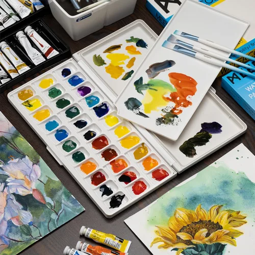 Miniatura 6 de MEEDEN Paleta de acuarela con tapa: paleta de pintura plegable hermética de 33 pozos con bandeja de mezcla grande, paleta de arte de pintura Negro