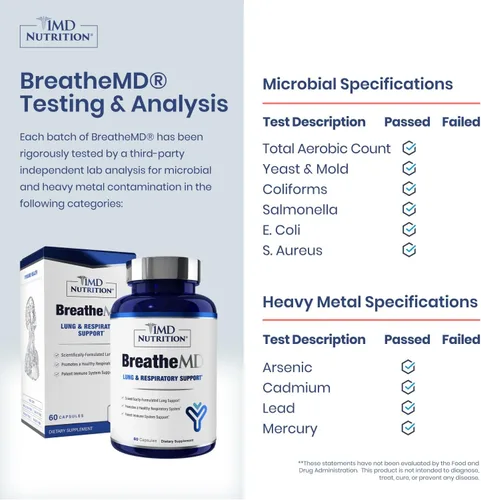 Miniatura 2 de 1MD Nutrition BreatheMD Suplemento de apoyo pulmonar y respiratorio Promueve un sistema inmunológico saludable con saúco, cromo y NAC 60