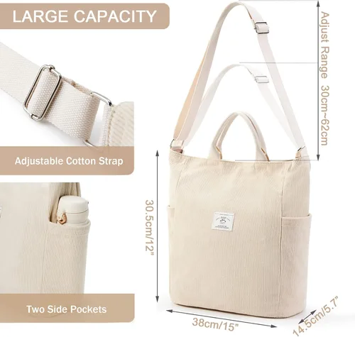 Miniatura 6 de KALIDI Bolso de mano de pana, bolso grande tipo mensajero para hombro, antisalpicaduras, bolsa cruzada con cremallera, casual, trabajo, compras
