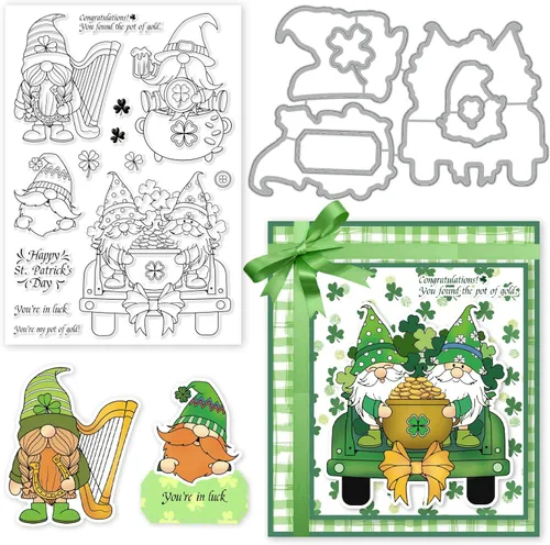INFUNLY Gnomos - Sellos transparentes y troqueles para hacer tarjetas, palabras, sellos de goma, lindos troqueles de corte de gnomos, bandera,
