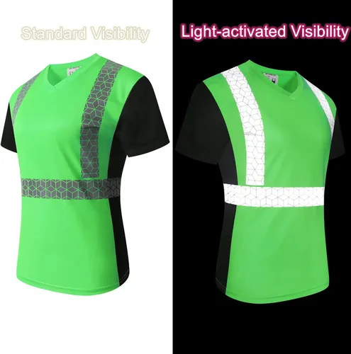 Miniatura 4 de Playera de Seguridad para Mujer, Camiseta Reflectante de Alta Visibilidad para Mujer con Patrón Reflectante Inusual, Manga Corta Transpirable Verde