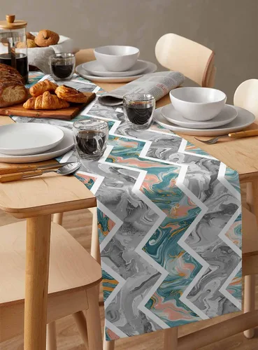 Miniatura 6 de Zigzi - Bufandas de mesa azules, textura de mármol a rayas grises de Zigzi, camino de mesa de comedor, decoración de mesa rectangular lavable