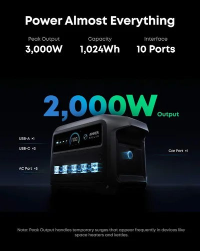 Miniatura 3 de Anker SOLIX C1000 Gen 2 Portable Power Station with 100W Bifacial Solar Panel, 2,000W (Peak 3,000W) Solar Generator, Full Charge in 49 Min, 1,024Wh