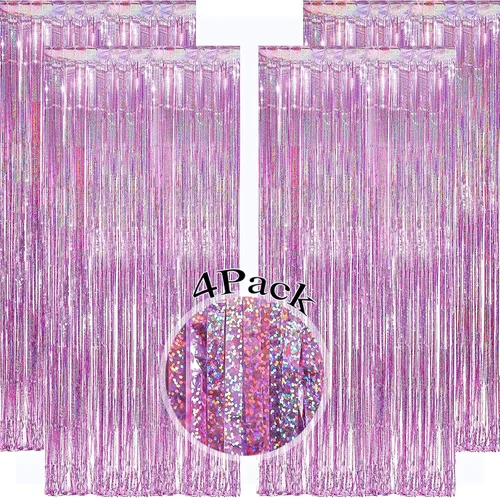 Miniatura 12 de Paquete de 4 cortinas de flecos plateados de 12.8 x 8.2 pies, cortinas de flecos de oropel metálico brillante, cortina de fondo de oropel plateado