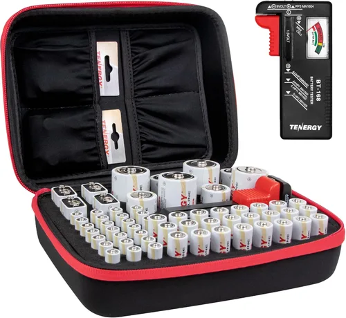 Tenergy Estuche Organizador de Almacenamiento de Baterías con Probador de Baterías, Contiene 60 Baterías AA AAA C D 9V (Baterías no Incluidas)
