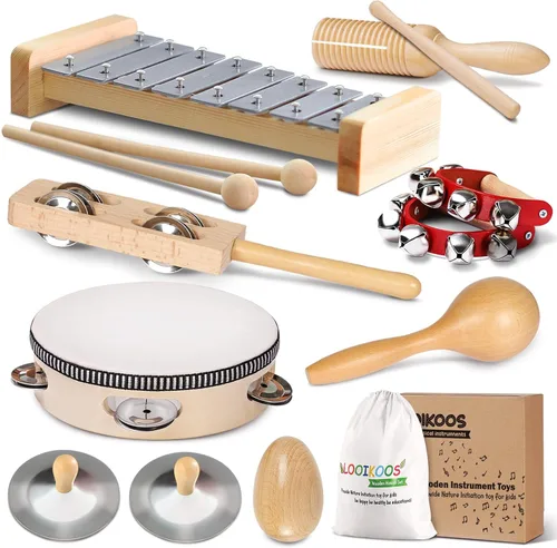 LOOIKOOS Instrumentos musicales internacionales para niños pequeños, juego de música de madera natural para niños pequeños y niños, juguetes