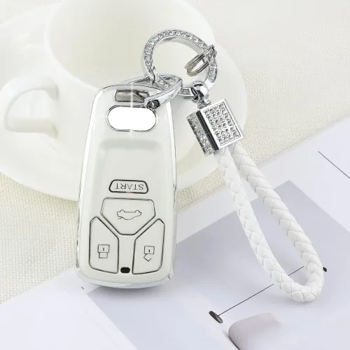 PIFOOG Funda para llavero de TPU con cadena de llaves brillante, fundas de protección de botones para llaves de entrada sin llave, blanco plateado,