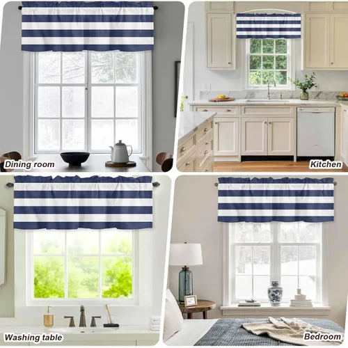 Miniatura 7 de Cortinas de cenefas a rayas blancas y azul marino para cocina, cafetería, cenefa de ventana de rayas modernas náuticas, cortinas cortas de 42 x 12