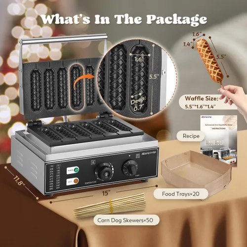 Miniatura 2 de Moongiantgo Máquina comercial para hacer gofres para perros de maíz, 6 unidades de 1550 W, plancha de prensa de queso para perros calientes, control