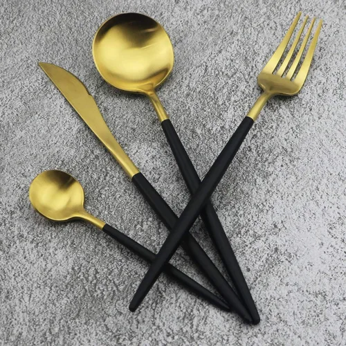 Miniatura 5 de Juego de cubiertos de oro mate, 5 piezas de acero inoxidable 18/10 con acabado satinado, servicio para 1, cuchara tenedor de cuchillo con pajitas