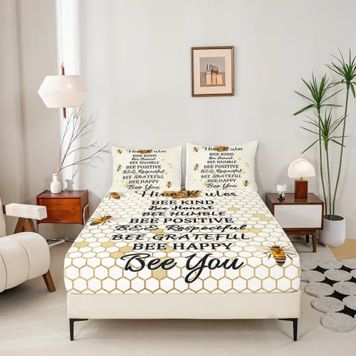 Miniatura 2 de Juego de ropa de cama de nido de abeja, sábana bajera ajustable de abeja para niños y niñas, diseño geométrico de vida silvestre voladora, juego