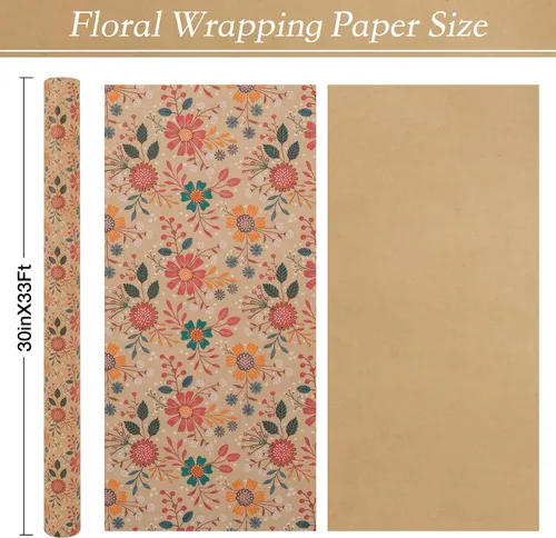Miniatura 2 de Aimyoo - Rollo de papel de regalo floral kraft - Rollo jumbo - 30 pulgadas x 33 pies - Papel de regalo vintage con flores para todas las ocasiones